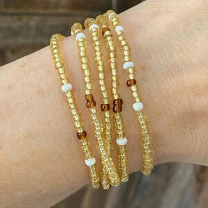 Brown White & Gold Africa Style Seed Bead Waist Beads Stretch Bracelet